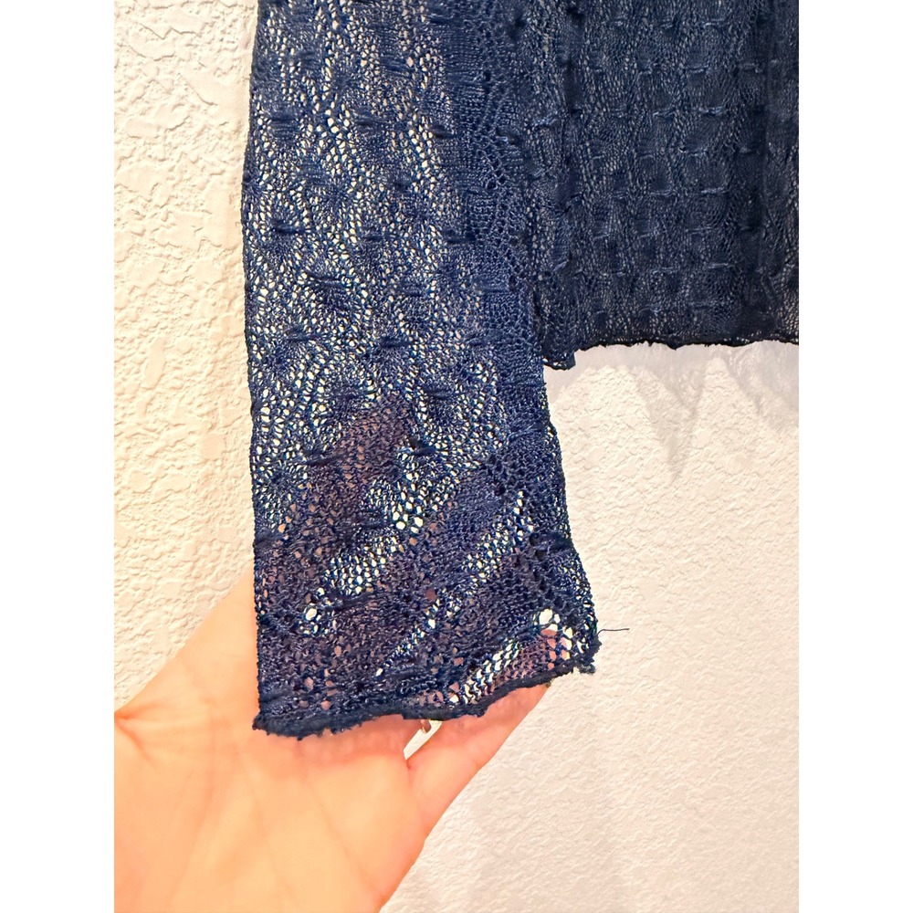 Y2K Navy Blue Lace Tie Front Cardigan Sheer Knit Shrug Top Womens Academia S‎ - Picture 4 of 10